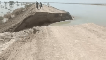 Gushing floodwaters burst through Main Nara Valley Drain near Dadu district