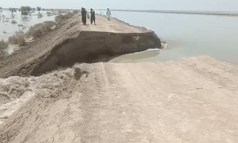 Gushing floodwaters burst through Main Nara Valley Drain near Dadu district